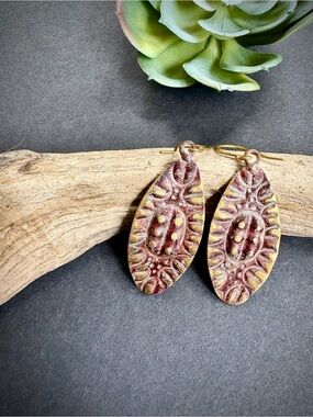 Handcrafted Brass Patina Rustic Red Oval Drop Earrings